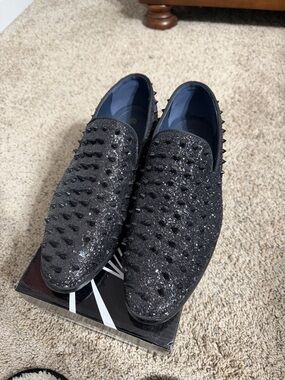Men's Black Studded Glitter Slip-On Loafers